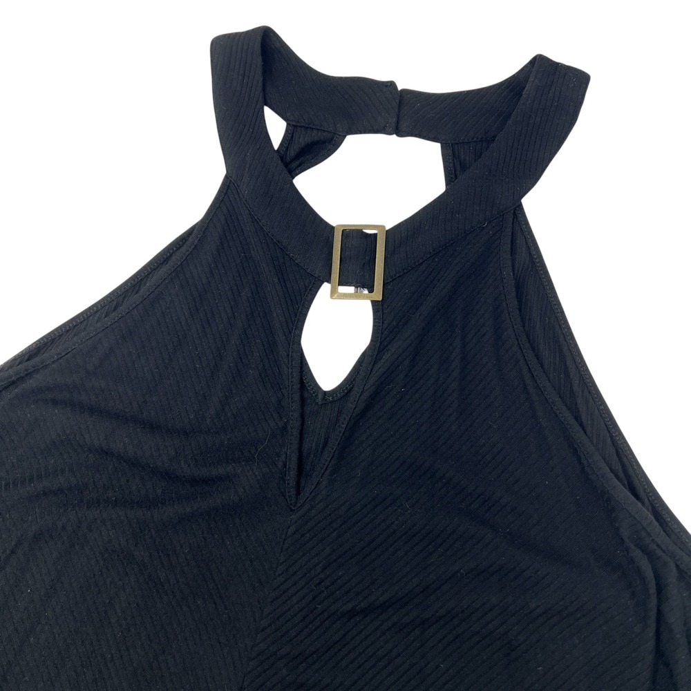 Black Ribbed Halter Neck Tank Top Cutout Gold Buckle‎ Keyhole Size 1X